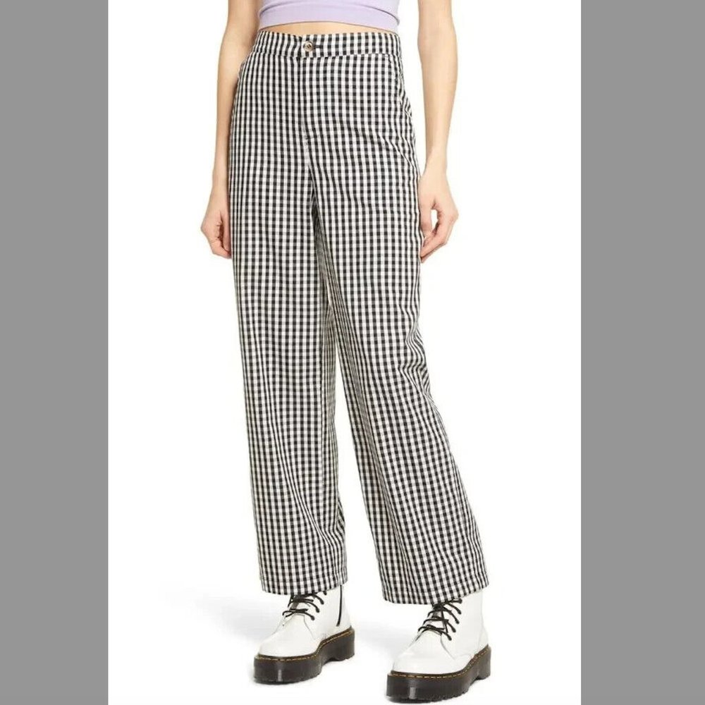 Nordstrom BP Womens Small Black White Gingham Check Straight Leg Pants Cotton